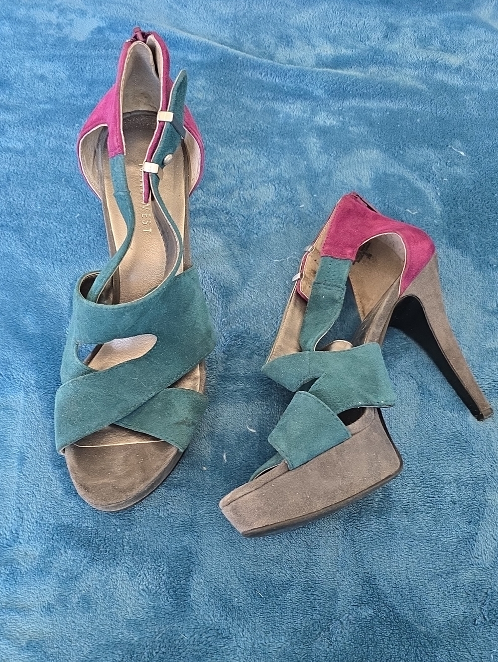 Nine West Teal and Pink Suede Strappy High Heels